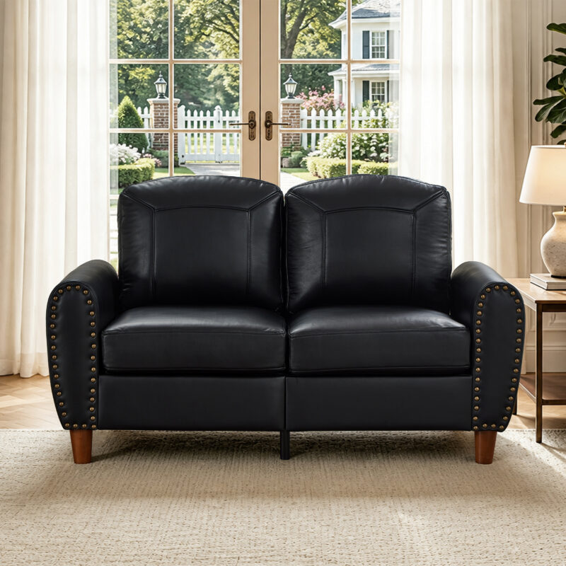 59" Classic Living Room Sofa Loveseat Faux Leather Couch,Rolled Arm Sofa with Nails,Solid Wood Legs,Upholstered Breathable PU Leather Brown - Image 23