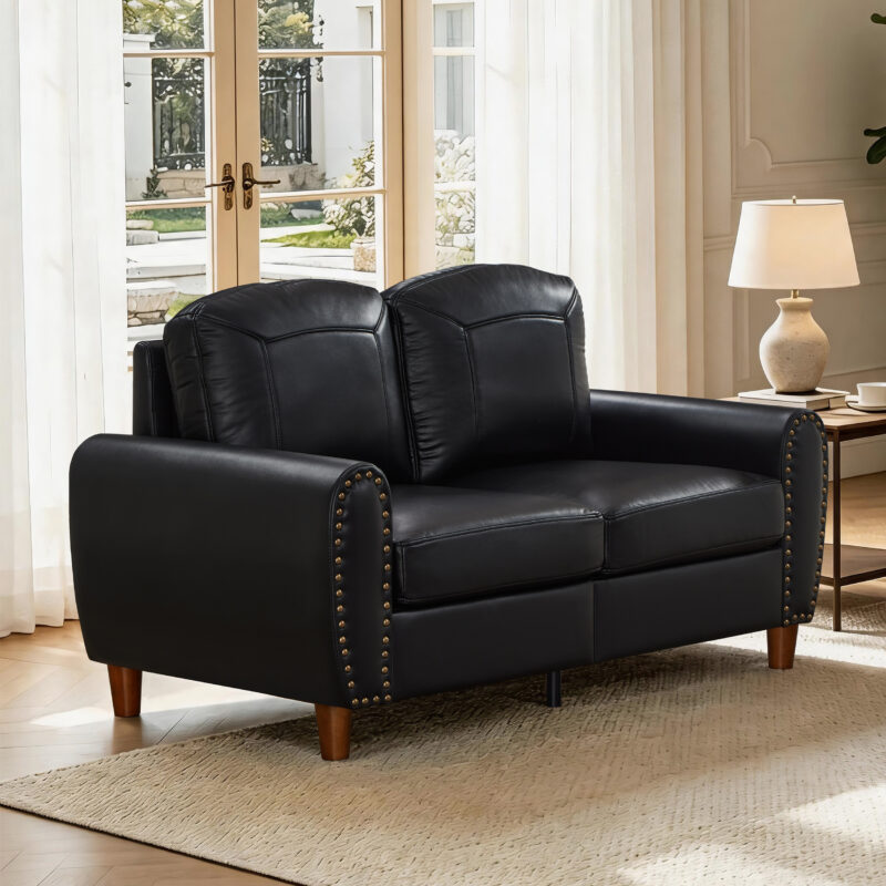 59" Classic Living Room Sofa Loveseat Faux Leather Couch,Rolled Arm Sofa with Nails,Solid Wood Legs,Upholstered Breathable PU Leather Brown - Image 22