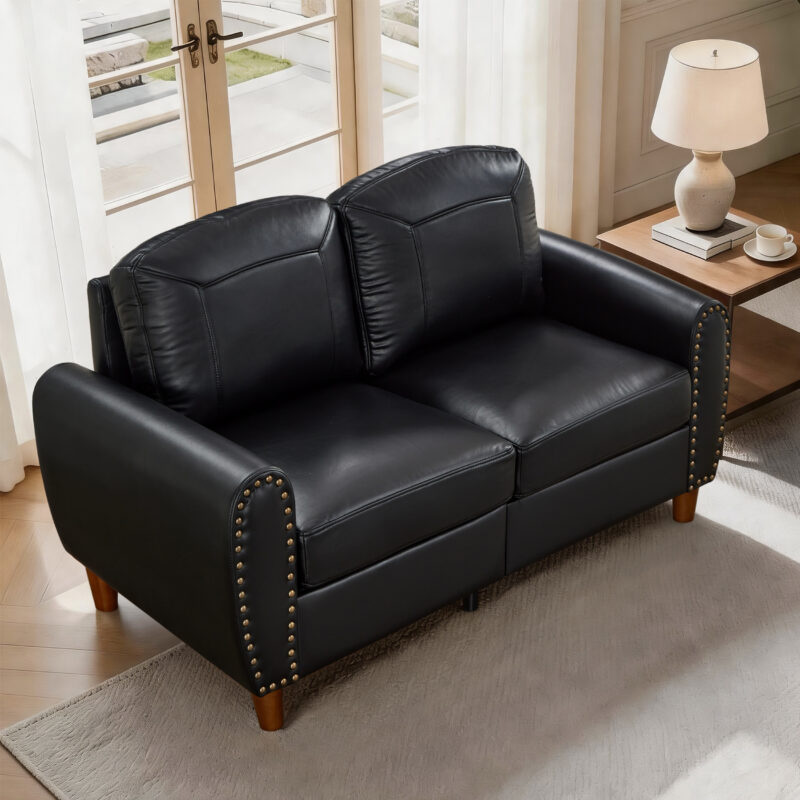 59" Classic Living Room Sofa Loveseat Faux Leather Couch,Rolled Arm Sofa with Nails,Solid Wood Legs,Upholstered Breathable PU Leather Brown - Image 21