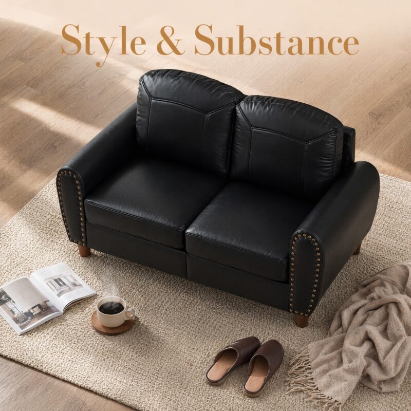 59" Classic Living Room Sofa Loveseat Faux Leather Couch,Rolled Arm Sofa with Nails,Solid Wood Legs,Upholstered Breathable PU Leather Brown - Image 20