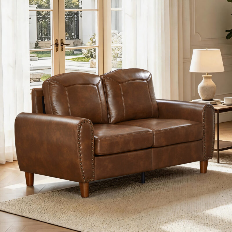 59" Classic Living Room Sofa Loveseat Faux Leather Couch,Rolled Arm Sofa with Nails,Solid Wood Legs,Upholstered Breathable PU Leather Brown - Image 3