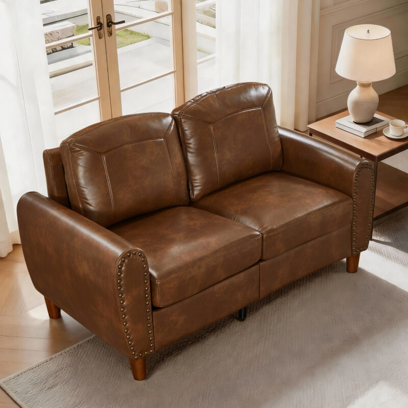 59" Classic Living Room Sofa Loveseat Faux Leather Couch,Rolled Arm Sofa with Nails,Solid Wood Legs,Upholstered Breathable PU Leather Brown - Image 2