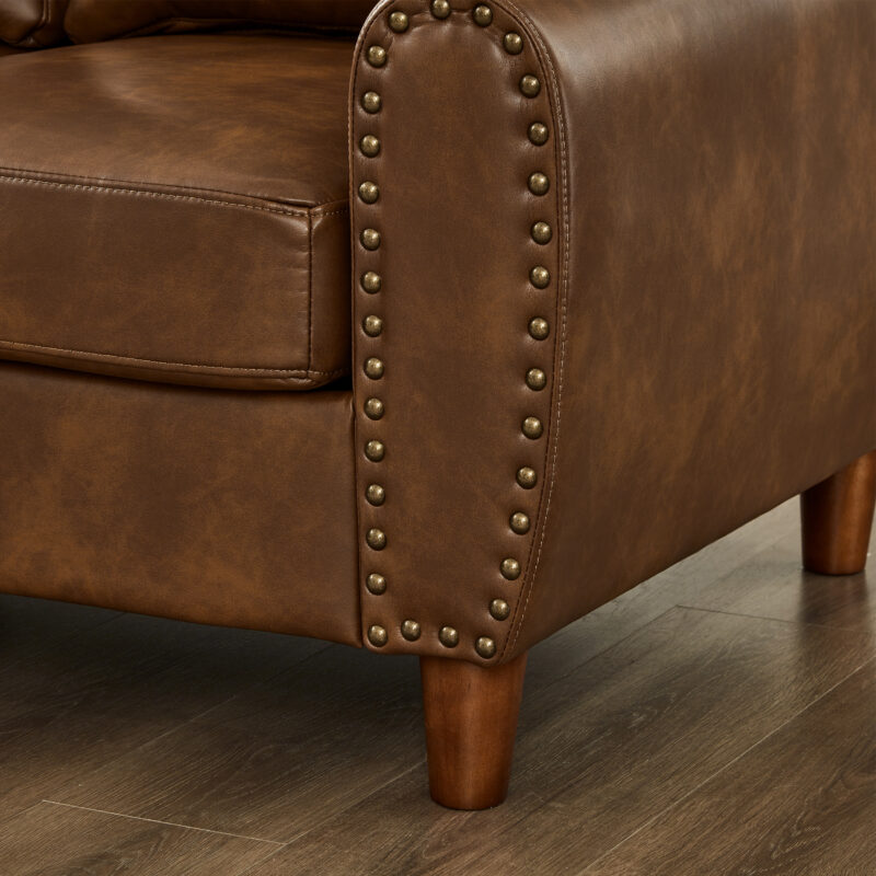 59" Classic Living Room Sofa Loveseat Faux Leather Couch,Rolled Arm Sofa with Nails,Solid Wood Legs,Upholstered Breathable PU Leather Brown - Image 4