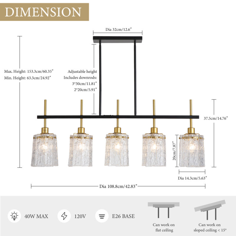 Farmhouse Chandelier 5-Light Dining Room Light Fixture Over Table Kitchen Island Lighting Rustic Chandeliers for Dining Light with Glass Pendant Lights Kitchen Island - Image 7