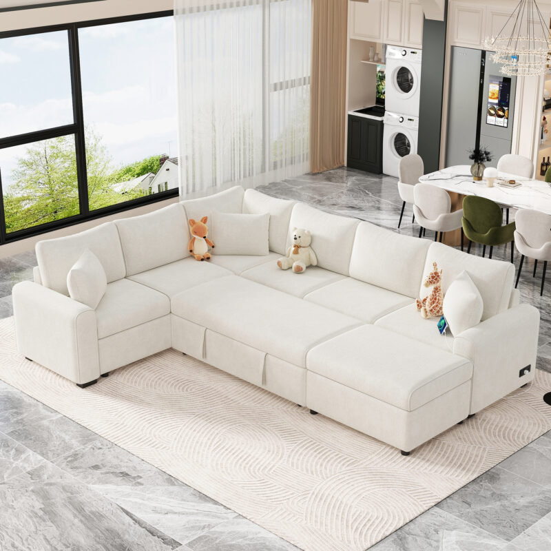 112.2" Sectional Sofa Pull-out Sofa Bed Sleeper with a Storage Ottoman,Three Pillows and Charging Devices for Living Room - Image 6