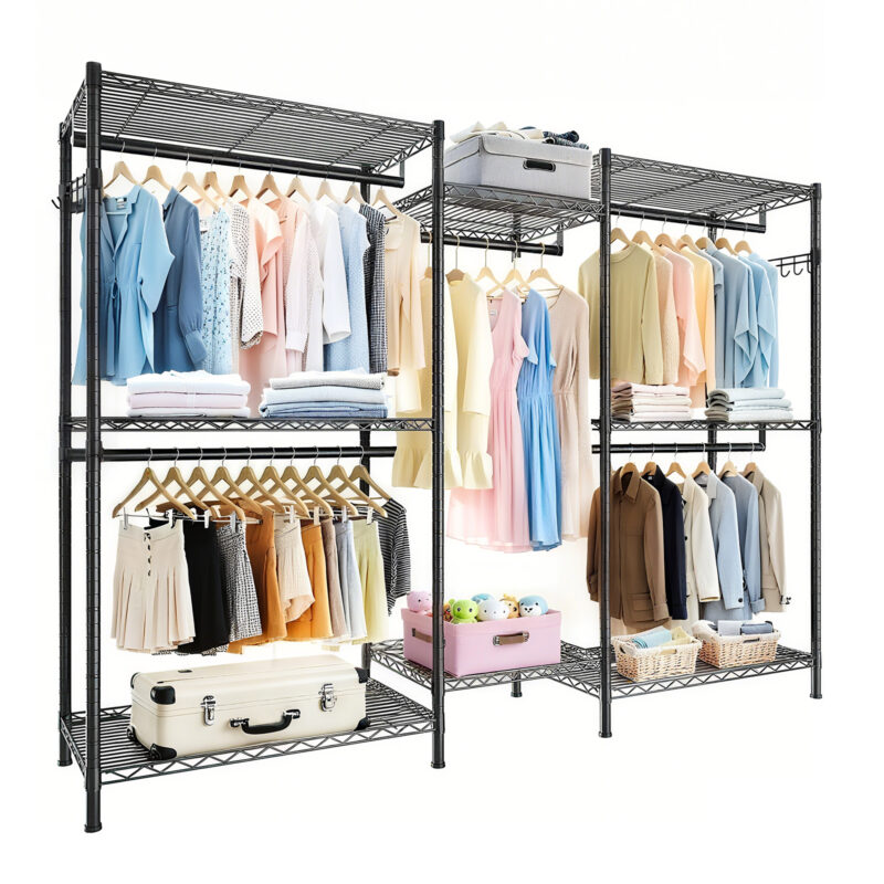 Heavy Duty Garment Rack, Freestanding Closet Organizer, Portable Wardrobe Clothes Rack, Adjustable Wire Shelving Clothes Rack with 8 Adjustable Wire Shelves and 5 Clothes Rails, Black - Image 4