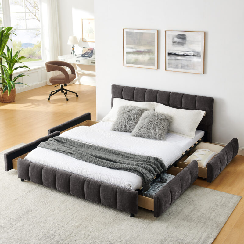 Queen Size Upholstered Bed ,comfortable upholstered bed frame, Chenille fabric, with headboard and solid bed frame. With drawer for storage - Image 12