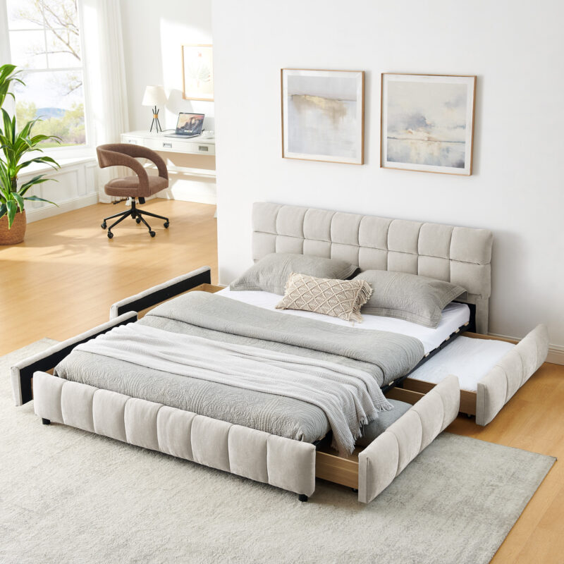Queen Size Upholstered Bed ,comfortable upholstered bed frame, Chenille fabric, with headboard and solid bed frame. With drawer for storage - Image 5