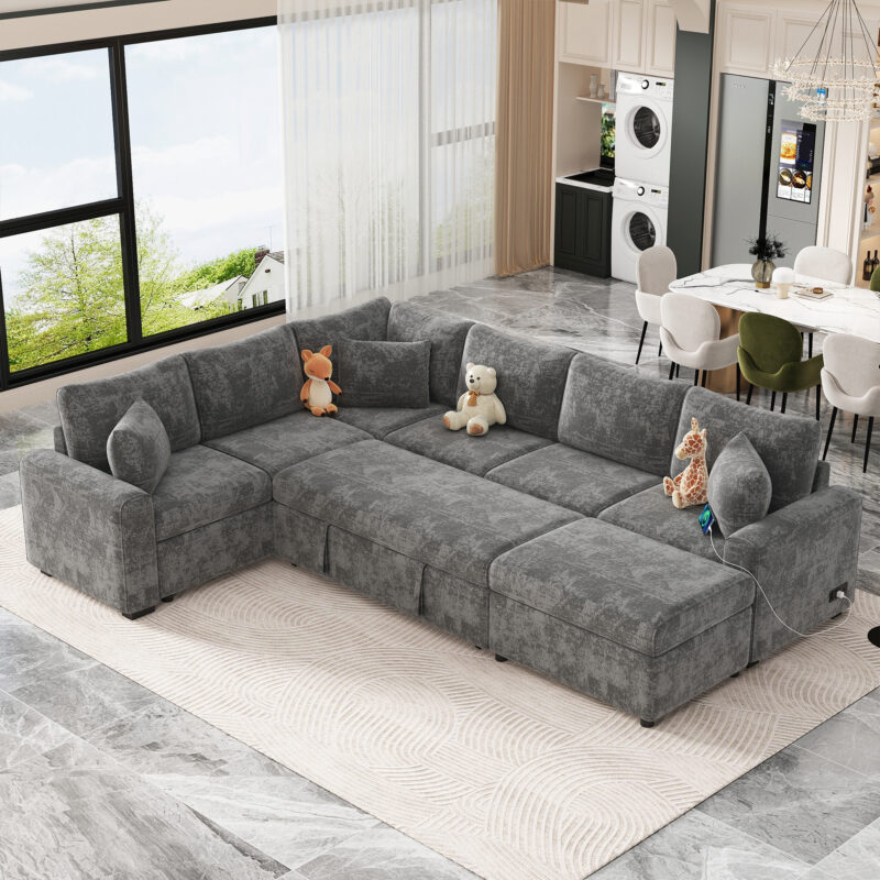 112.2" Sectional Sofa Pull-out Sofa Bed Sleeper with a Storage Ottoman,Three Pillows and Charging Devices for Living Room - Image 2