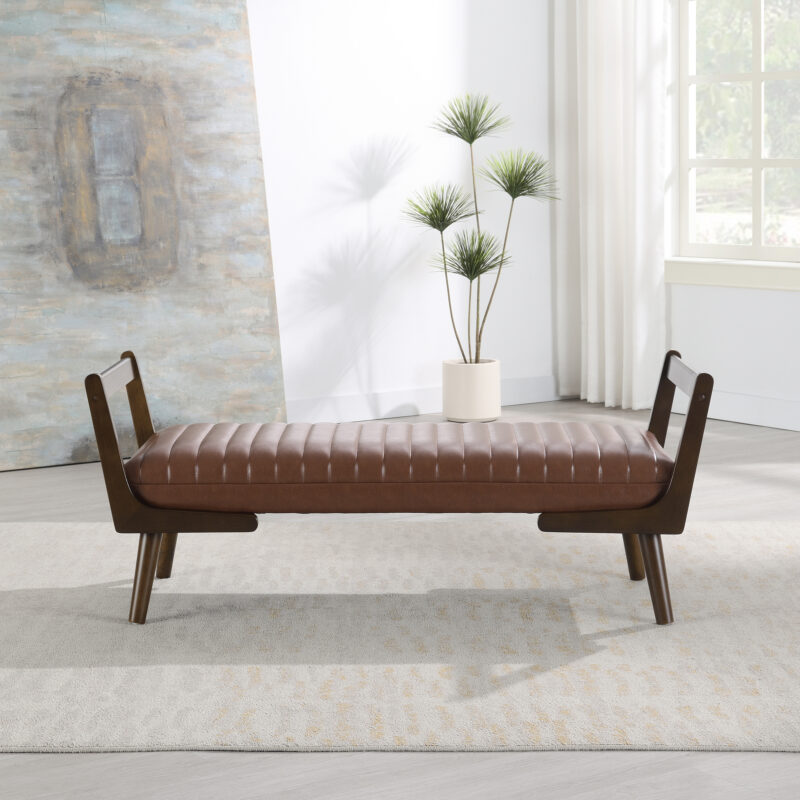 52" Mid Century Bench with Walnut Wood Leg,Channeled Upholstered Footrest Stool for Kitchen, Living Room, Bedroom, Entryway, End of Bed - Image 9