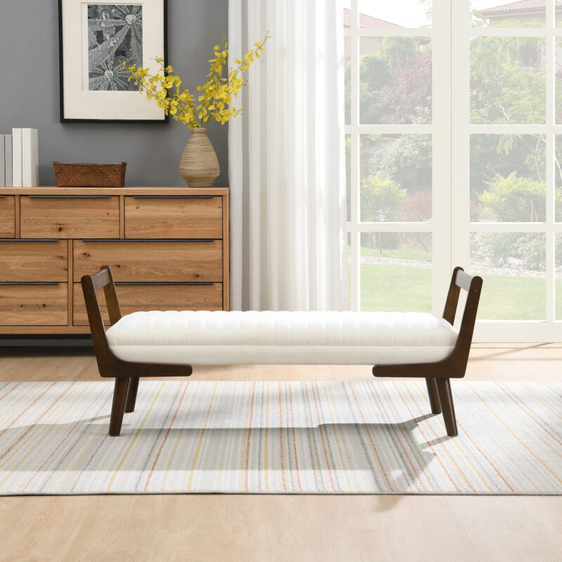 52" Mid Century Bench with Walnut Wood Leg,Channeled Upholstered Footrest Stool for Kitchen, Living Room, Bedroom, Entryway, End of Bed - Image 2