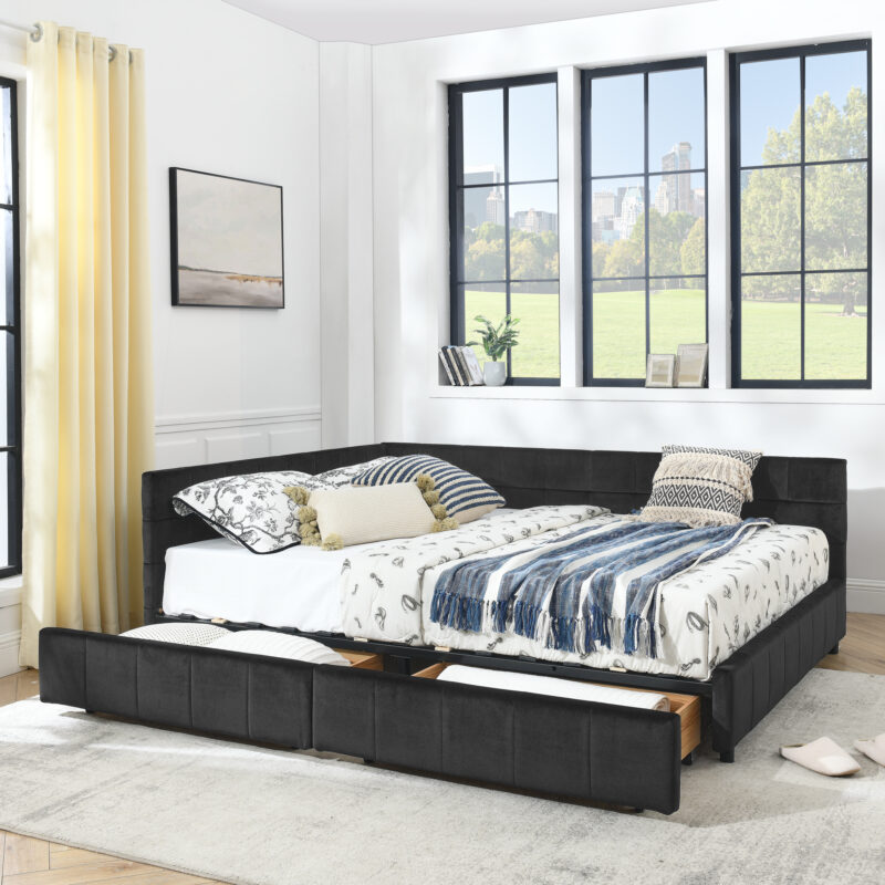 Queen Daybed with Storage Drawers in Black Velvet - Image 2