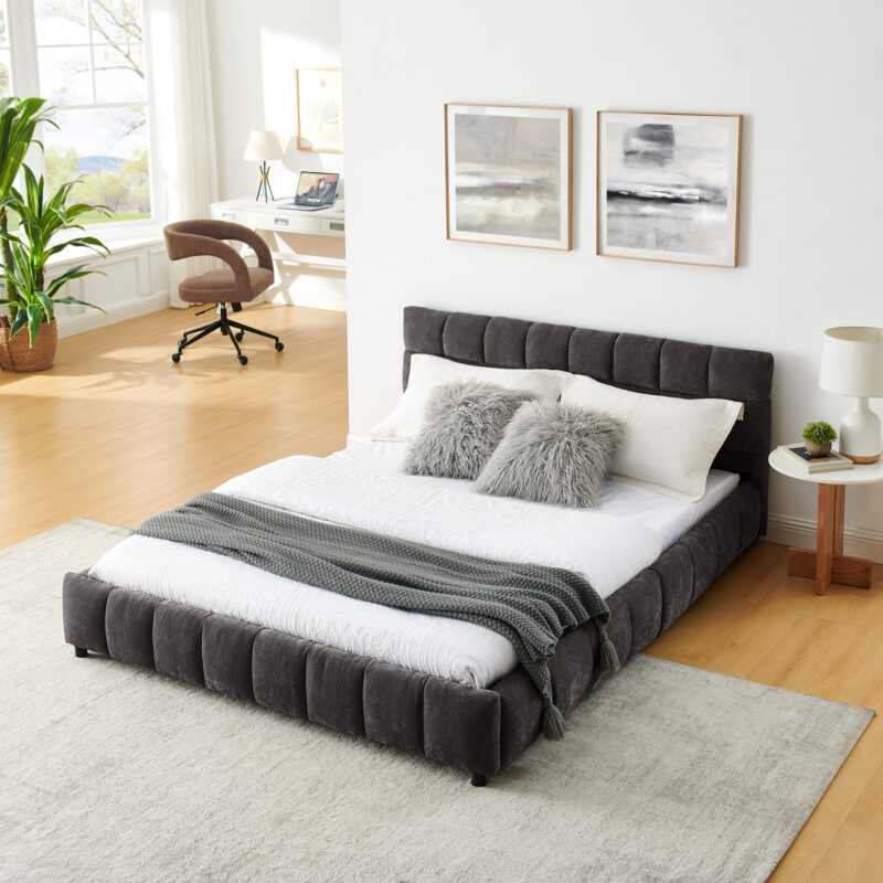 Queen Size Upholstered Bed ,comfortable upholstered bed frame, Chenille fabric, with headboard and solid bed frame. With drawer for storage - Image 11