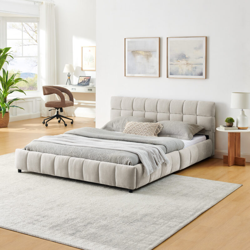 Queen Size Upholstered Bed ,comfortable upholstered bed frame, Chenille fabric, with headboard and solid bed frame. With drawer for storage - Image 4