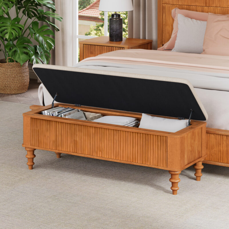 50.8-inch Multi-Functional Storage Ottoman Bench-Solid Rubberwood Bed End Bench with Linen Seat, Storage Bench for Bedroom, Entryway Shoe Organizer for Bedroom, Living Room, Entryway, Closet, Natural - Image 2