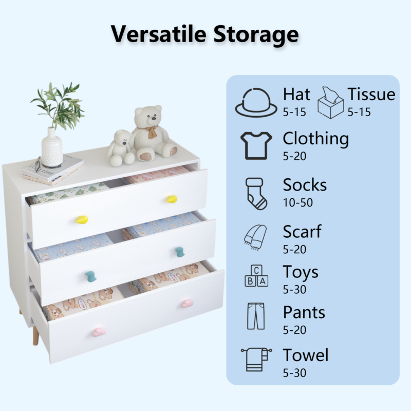 Kids 3 Drawer Dresser, Baby Nightstand for Bedroom, Storage Cabinet for Toddler Child for Living Room, Toddler Room, Nursery, Closet, Apartment (Colorful) - Image 8