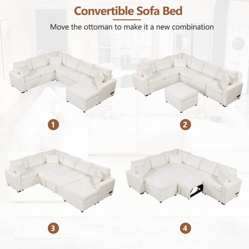 112.2" Sectional Sofa Pull-out Sofa Bed Sleeper with a Storage Ottoman,Three Pillows and Charging Devices for Living Room - Image 10