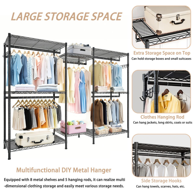 Heavy Duty Garment Rack, Freestanding Closet Organizer, Portable Wardrobe Clothes Rack, Adjustable Wire Shelving Clothes Rack with 8 Adjustable Wire Shelves and 5 Clothes Rails, Black - Image 10