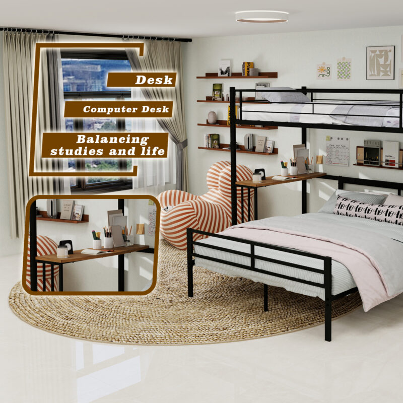 Metal Twin Over Full Bunk Bed with Desk and Shelves - Image 3