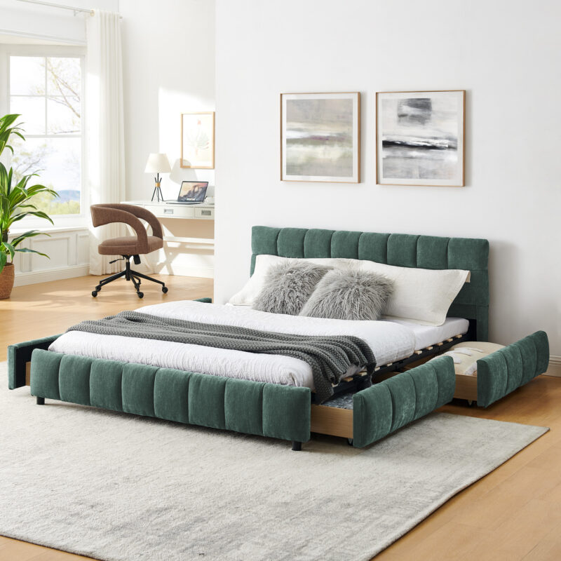 Queen Size Upholstered Bed ,comfortable upholstered bed frame, Chenille fabric, with headboard and solid bed frame. With drawer for storage - Image 16