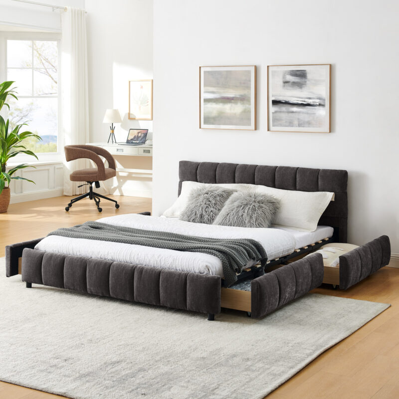 Queen Size Upholstered Bed ,comfortable upholstered bed frame, Chenille fabric, with headboard and solid bed frame. With drawer for storage - Image 10
