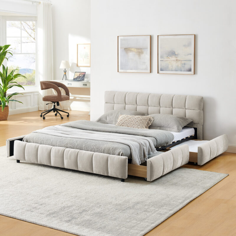 Queen Size Upholstered Bed ,comfortable upholstered bed frame, Chenille fabric, with headboard and solid bed frame. With drawer for storage - Image 3