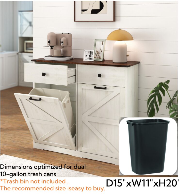 Farmhouse Double Tilt Out Trash Cabinet for 20 Gallon Trash Cans, Free Standing Recycling Cabinet with Hideaway Drawer, Barn Door Style Laundry Sorter Cabinet, Tilt Out Trash Cabinet for Kitchen - Image 4