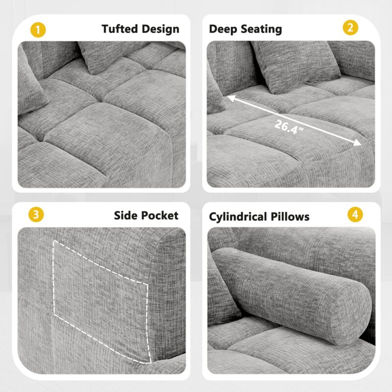 101.2" Sectional Sofa Full-Compressed Sofa Modular Sofa Couch Free-combined Sofa with Deep Seating and Two Side Pockets for Living Room - Image 2