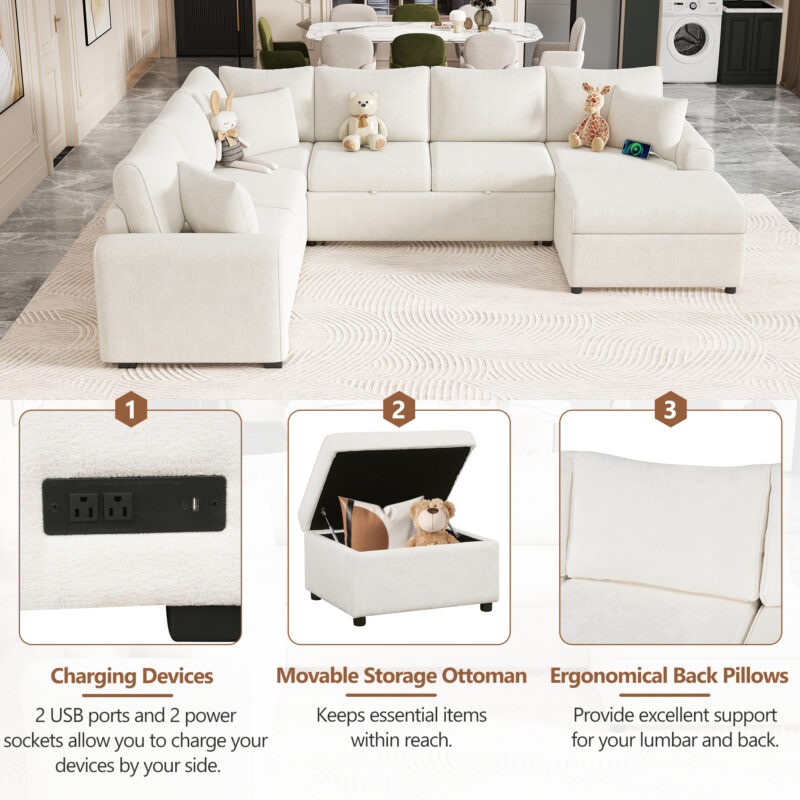 112.2" Sectional Sofa Pull-out Sofa Bed Sleeper with a Storage Ottoman,Three Pillows and Charging Devices for Living Room - Image 9