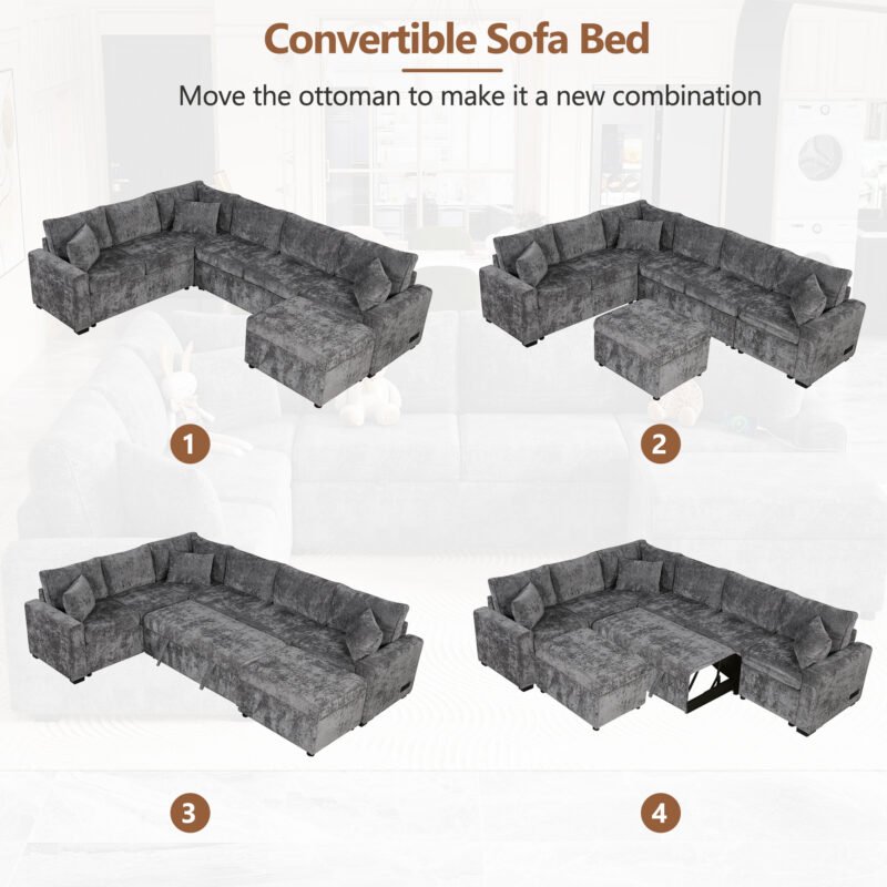 112.2" Sectional Sofa Pull-out Sofa Bed Sleeper with a Storage Ottoman,Three Pillows and Charging Devices for Living Room - Image 3