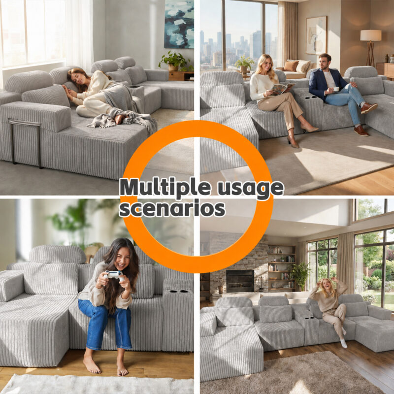 Modern Gray Velvet U-Shaped Velvet Sectional Sofa - 3-Piece Living Room Set with Chaise Lounge & Cup Holders - 145.7"/370cm Extra Large Modular Sofa for Home Theater, Family Room, Luxury Living Space - Image 4