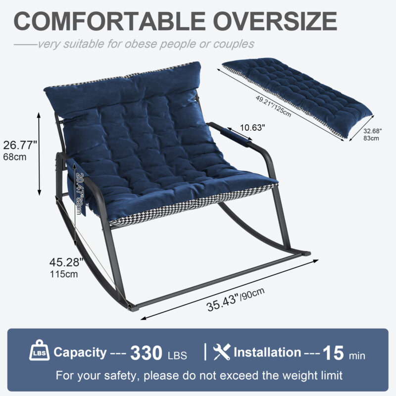Rocking Chair with Storage, Cushions & Armrests, All-Season Comfort Lounge Recliner, Breathable Ergonomic Lounge Chair for Bedroom, Living Room, Patio, Garden(Blue) - Image 8