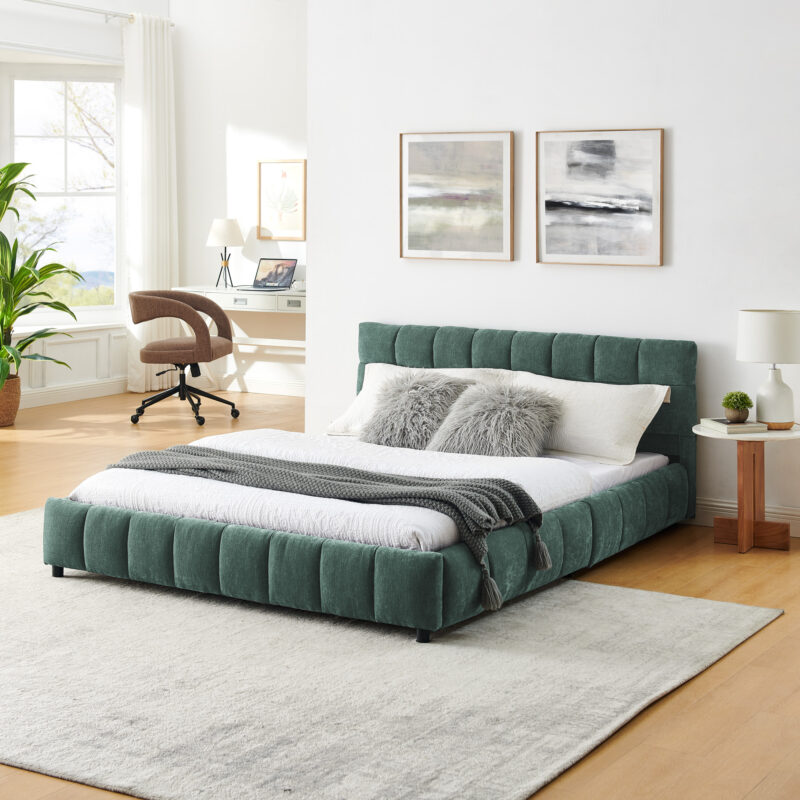Queen Size Upholstered Bed ,comfortable upholstered bed frame, Chenille fabric, with headboard and solid bed frame. With drawer for storage - Image 2