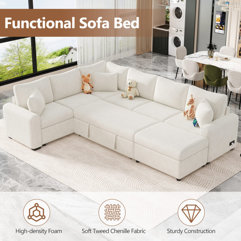 112.2" Sectional Sofa Pull-out Sofa Bed Sleeper with a Storage Ottoman,Three Pillows and Charging Devices for Living Room - Image 8