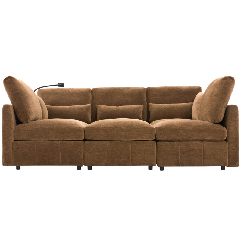 Modern Sectional Sofa Modular Sofa 85.4" U-shaped Sofa Couch Sofa Bed L-shaped Sofa with a Movable Ottoman and Two USB Ports and a Phone Holder for Living Room, Brown - Image 4