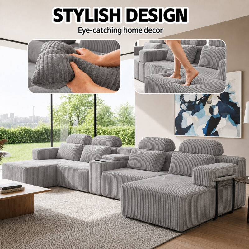 Modern Gray Velvet U-Shaped Velvet Sectional Sofa - 3-Piece Living Room Set with Chaise Lounge & Cup Holders - 145.7"/370cm Extra Large Modular Sofa for Home Theater, Family Room, Luxury Living Space - Image 9
