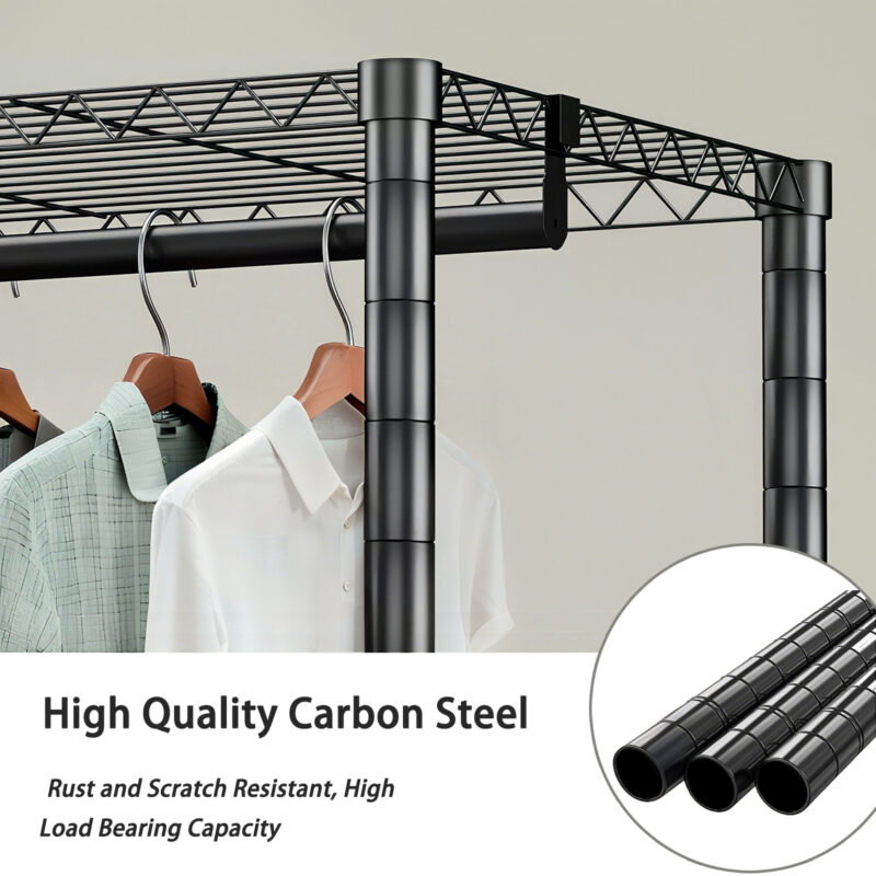 Heavy Duty Garment Rack, Freestanding Closet Organizer, Portable Wardrobe Clothes Rack, Adjustable Wire Shelving Clothes Rack with 8 Adjustable Wire Shelves and 5 Clothes Rails, Black - Image 8