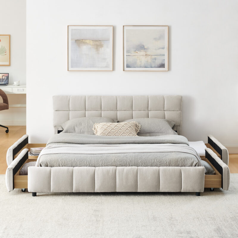 Queen Size Upholstered Bed ,comfortable upholstered bed frame, Chenille fabric, with headboard and solid bed frame. With drawer for storage - Image 8