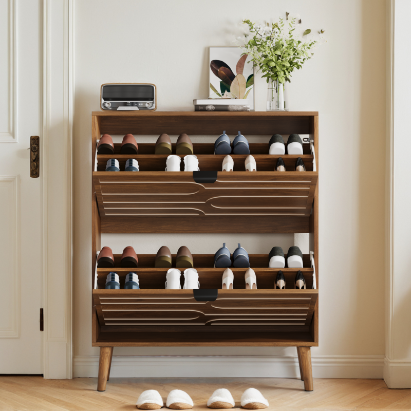 Medieval Modern Independent Shoe Cabinet, 31.5-inch Walnut Shoe Storage Cabinet,, Fence Shoe Cabinet with 2 Flip Drawers, Suitable For Corridors And Entrances - Image 5