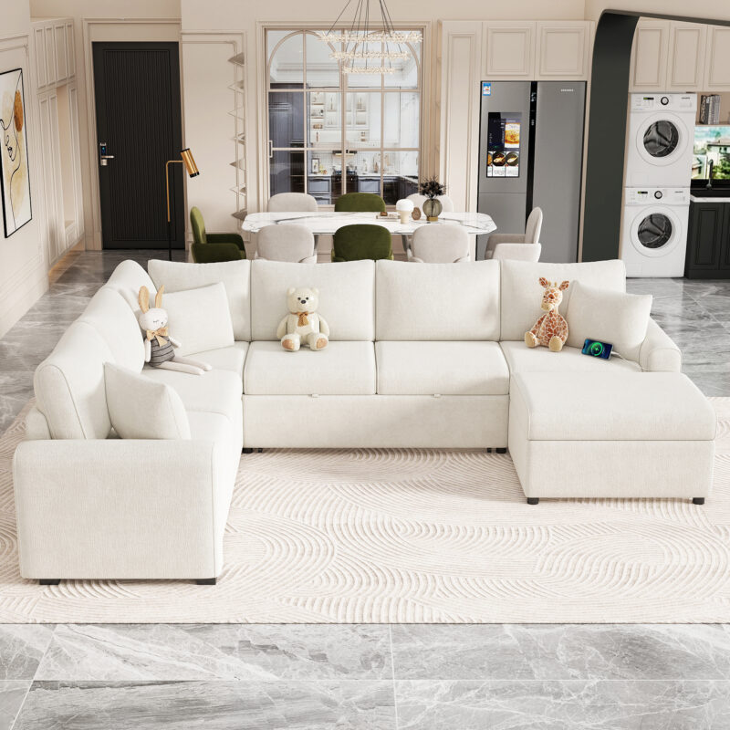 112.2" Sectional Sofa Pull-out Sofa Bed Sleeper with a Storage Ottoman,Three Pillows and Charging Devices for Living Room - Image 7