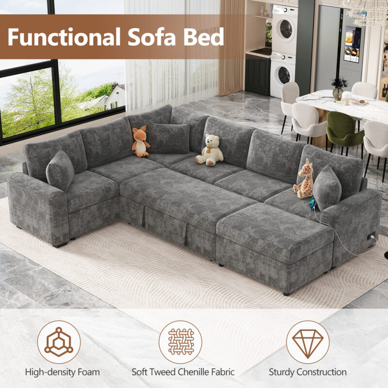 112.2" Sectional Sofa Pull-out Sofa Bed Sleeper with a Storage Ottoman,Three Pillows and Charging Devices for Living Room - Image 5