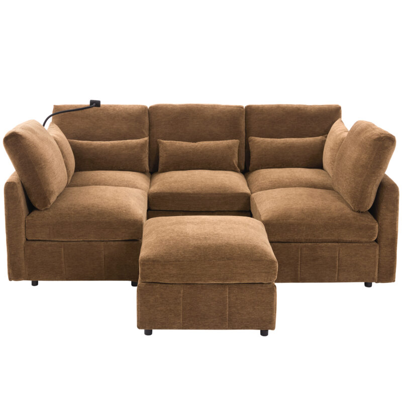 Modern Sectional Sofa Modular Sofa 85.4" U-shaped Sofa Couch Sofa Bed L-shaped Sofa with a Movable Ottoman and Two USB Ports and a Phone Holder for Living Room, Brown - Image 5