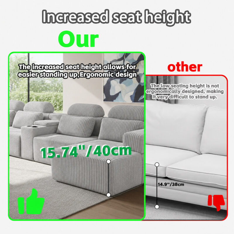 Modern Gray Velvet U-Shaped Velvet Sectional Sofa - 3-Piece Living Room Set with Chaise Lounge & Cup Holders - 145.7"/370cm Extra Large Modular Sofa for Home Theater, Family Room, Luxury Living Space - Image 8