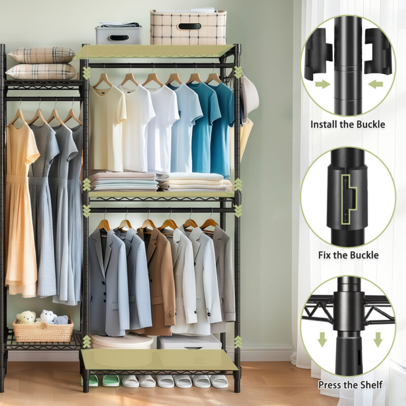 Heavy Duty Garment Rack, Freestanding Closet Organizer, Portable Wardrobe Clothes Rack, Adjustable Wire Shelving Clothes Rack with 8 Adjustable Wire Shelves and 5 Clothes Rails, Black - Image 7