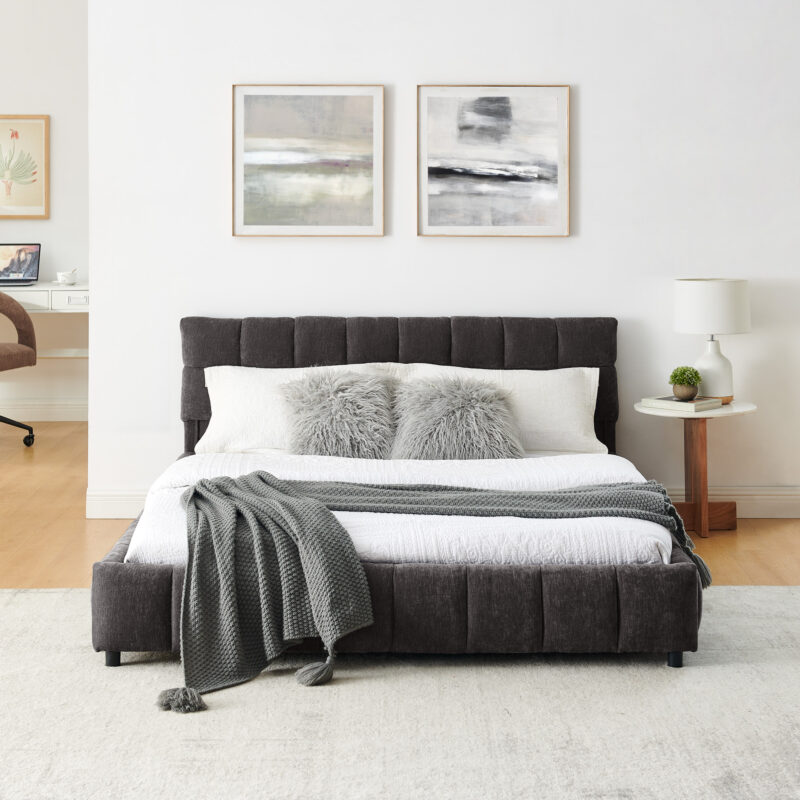 Queen Size Upholstered Bed ,comfortable upholstered bed frame, Chenille fabric, with headboard and solid bed frame. With drawer for storage - Image 14