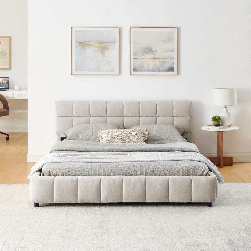 Queen Size Upholstered Bed ,comfortable upholstered bed frame, Chenille fabric, with headboard and solid bed frame. With drawer for storage - Image 7
