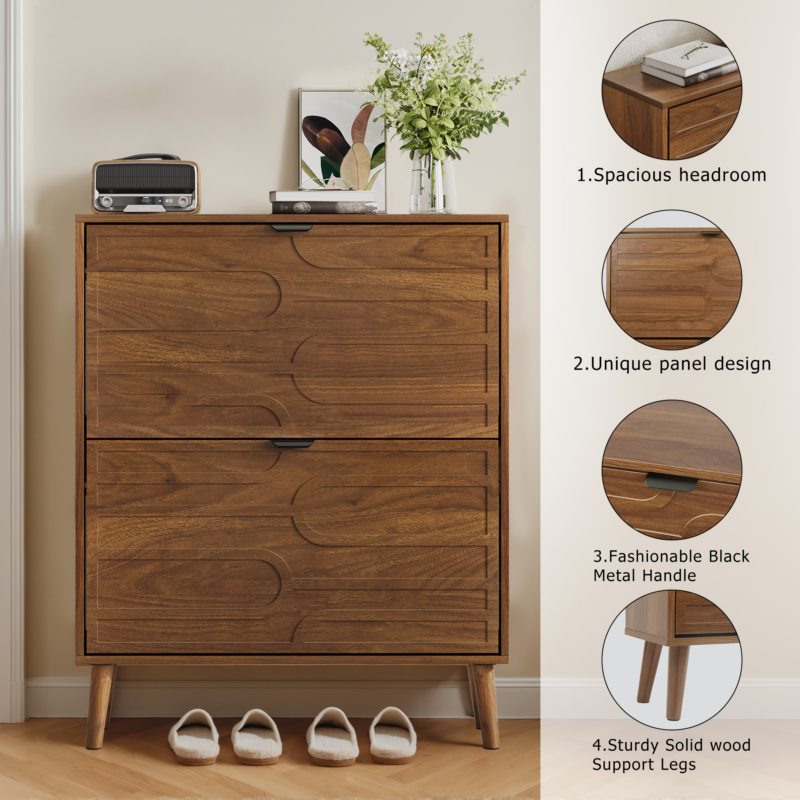 Medieval Modern Independent Shoe Cabinet, 31.5-inch Walnut Shoe Storage Cabinet,, Fence Shoe Cabinet with 2 Flip Drawers, Suitable For Corridors And Entrances - Image 6