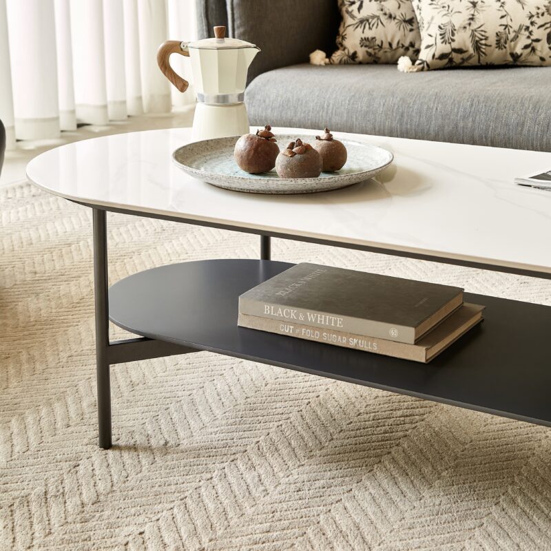 Coffee table ceramic Coffee Table, MDF painting Double Layer Coffee Table for Living Room, white ceramic and Coffee Brown Bottom Shelf - Image 2