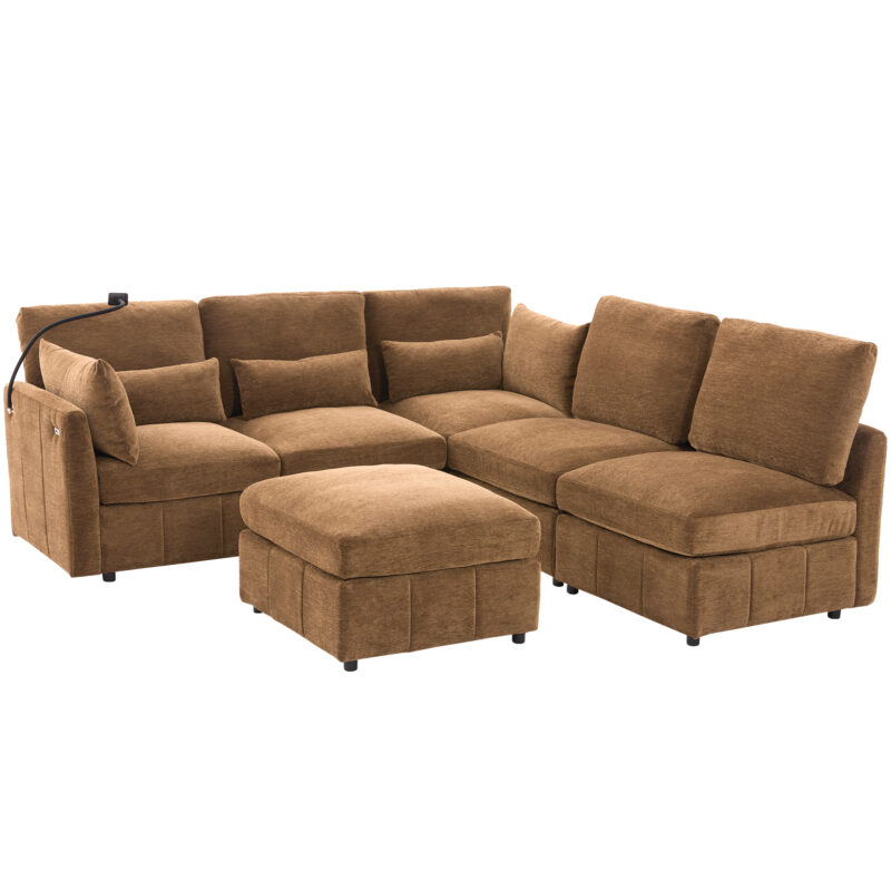 Modern Sectional Sofa Modular Sofa 85.4" U-shaped Sofa Couch Sofa Bed L-shaped Sofa with a Movable Ottoman and Two USB Ports and a Phone Holder for Living Room, Brown - Image 7