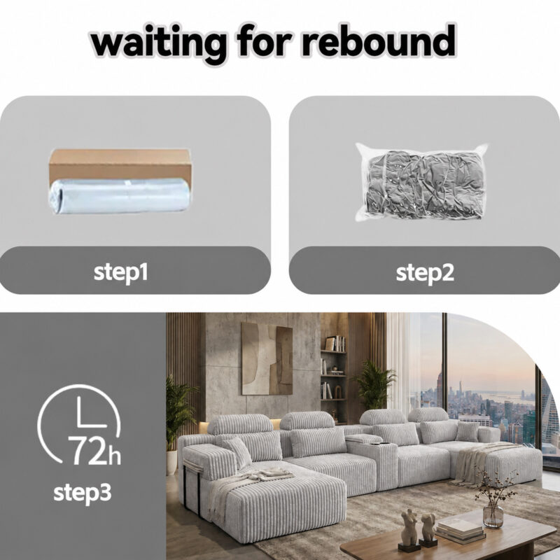Modern Gray Velvet U-Shaped Velvet Sectional Sofa - 3-Piece Living Room Set with Chaise Lounge & Cup Holders - 145.7"/370cm Extra Large Modular Sofa for Home Theater, Family Room, Luxury Living Space - Image 6